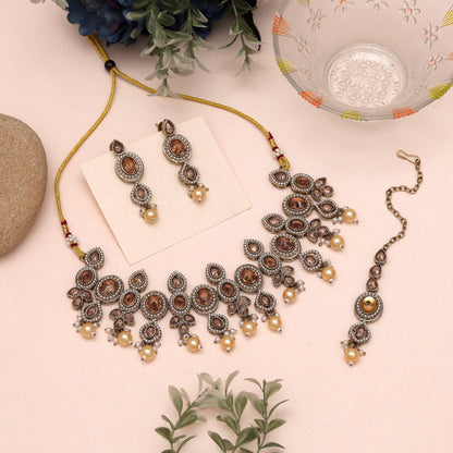 Traditional Gold Color Choker American Diamond Necklaces Set For Brides