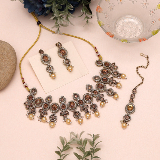 Traditional Gold Color Choker American Diamond Necklaces Set For Brides