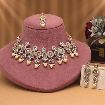 Traditional Gold Color Choker American Diamond Necklaces Set For Brides