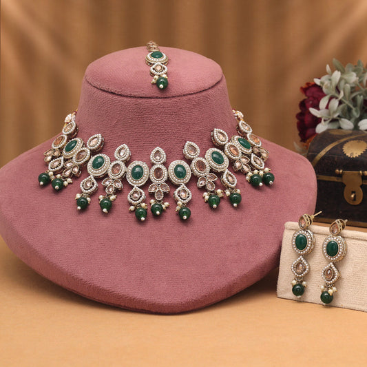 Designer Green Color Choker American Diamond Necklaces Set With Detailing