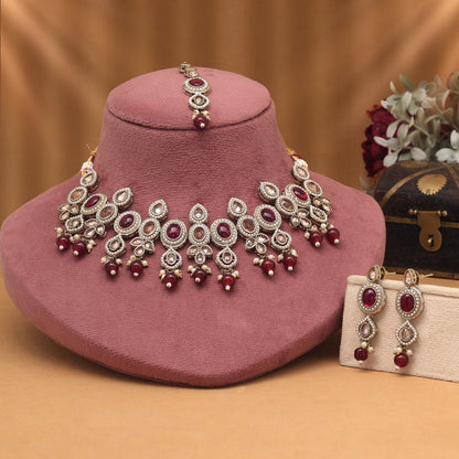 Regal Maroon Color Choker American Diamond Necklaces Set For Festive Outfits
