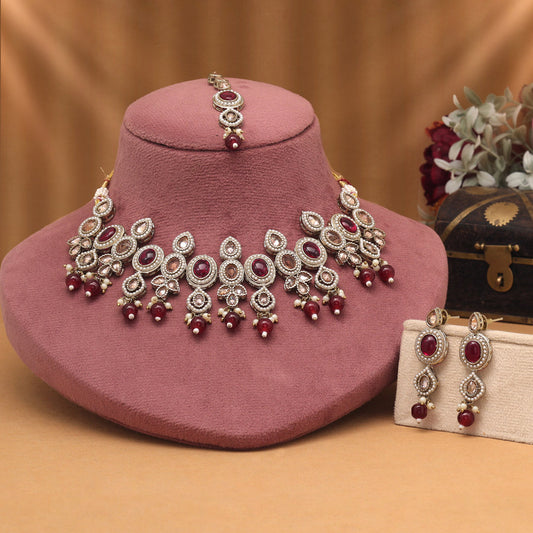Regal Maroon Color Choker American Diamond Necklaces Set For Festive Outfits