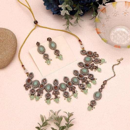 Charming Pista Green Color Choker American Diamond Necklaces Set Design