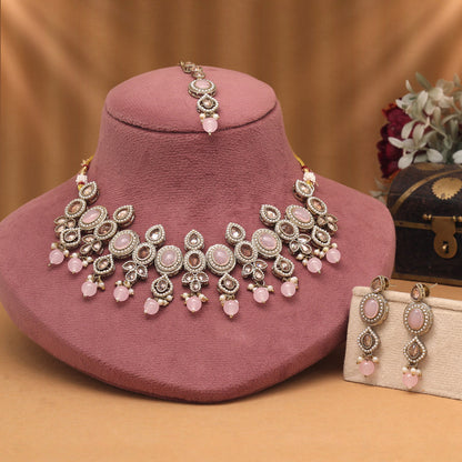 Lovely Pink Color Choker American Diamond Necklaces Set For Elegant Looks