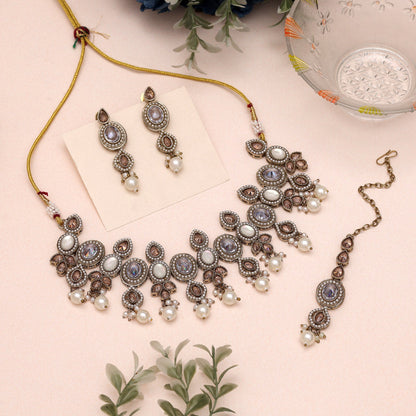 White Color Choker American Diamond Necklaces Set For Trendy Looks