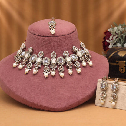 White Color Choker American Diamond Necklaces Set For Trendy Looks