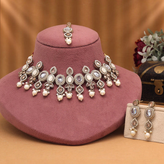 White Color Choker American Diamond Necklaces Set For Trendy Looks