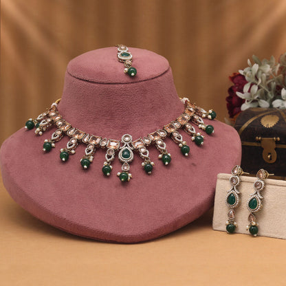Statement Green Color American Diamond Necklaces Set With Bold Design Accents