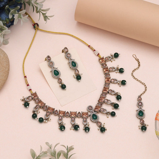 Statement Green Color American Diamond Necklaces Set With Bold Design Accents