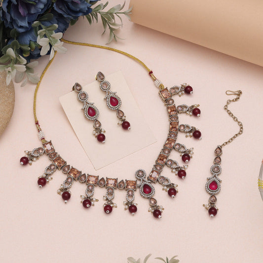 Luxurious Maroon Color American Diamond Necklaces Set With Classy Appeal