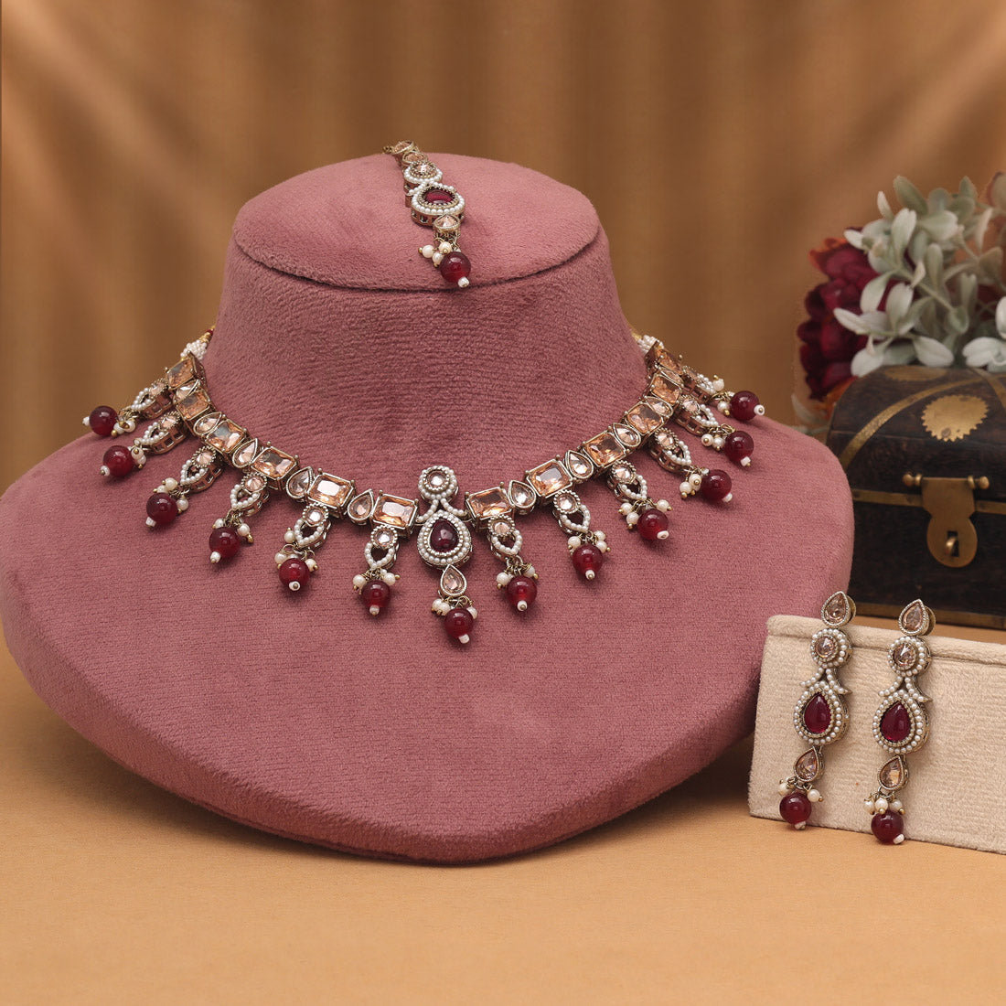 Luxurious Maroon Color American Diamond Necklaces Set With Classy Appeal