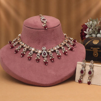 Luxurious Maroon Color American Diamond Necklaces Set With Classy Appeal