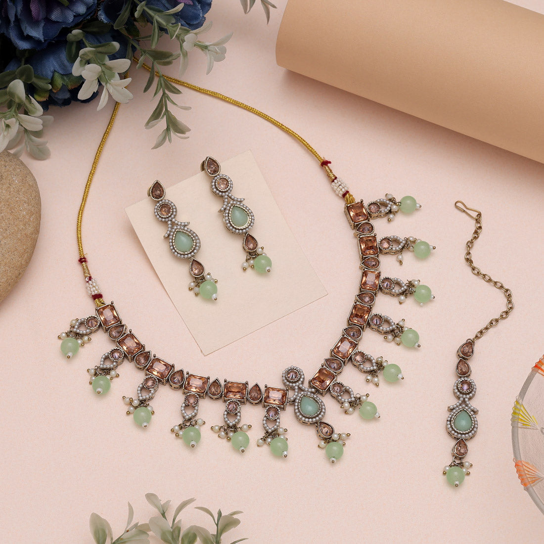 Glamorous Pista Green Color American Diamond Necklaces Set With Shine Touch