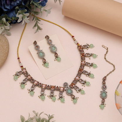 Glamorous Pista Green Color American Diamond Necklaces Set With Shine Touch