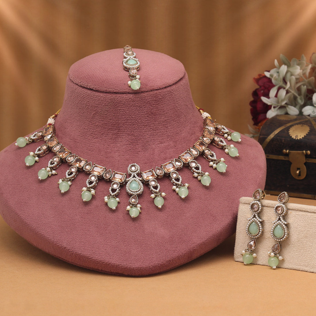 Glamorous Pista Green Color American Diamond Necklaces Set With Shine Touch
