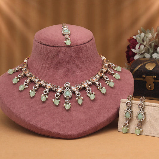 Glamorous Pista Green Color American Diamond Necklaces Set With Shine Touch
