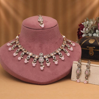 Trendy Pink Color American Diamond Necklaces Set For Youthful Glow