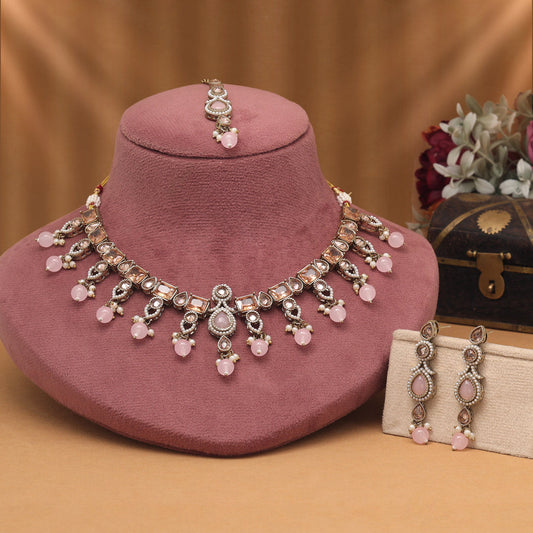 Trendy Pink Color American Diamond Necklaces Set For Youthful Glow