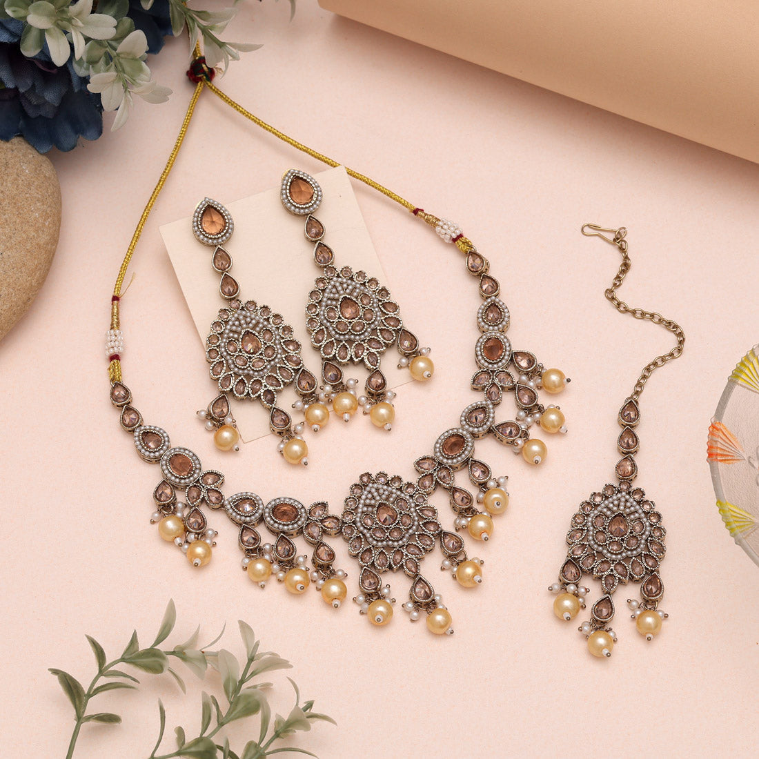 High-Shine Gold Color American Diamond Necklaces Set For Bridal Jewelry