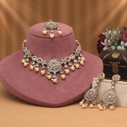 High-Shine Gold Color American Diamond Necklaces Set For Bridal Jewelry