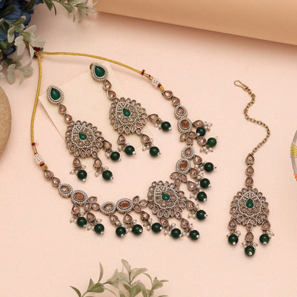 Bright Green Color American Diamond Necklaces Set For Graceful Appearance