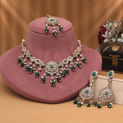 Bright Green Color American Diamond Necklaces Set For Graceful Appearance