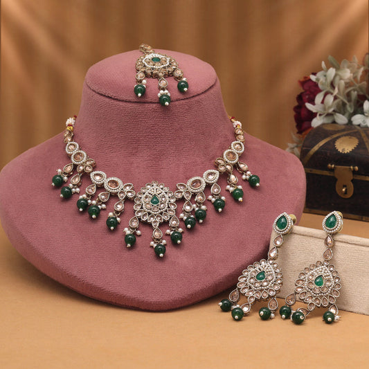 Bright Green Color American Diamond Necklaces Set For Graceful Appearance