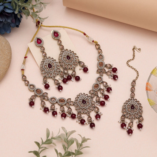 Royal Maroon Color American Diamond Necklaces Set For Ethnic Wardrobe Styling