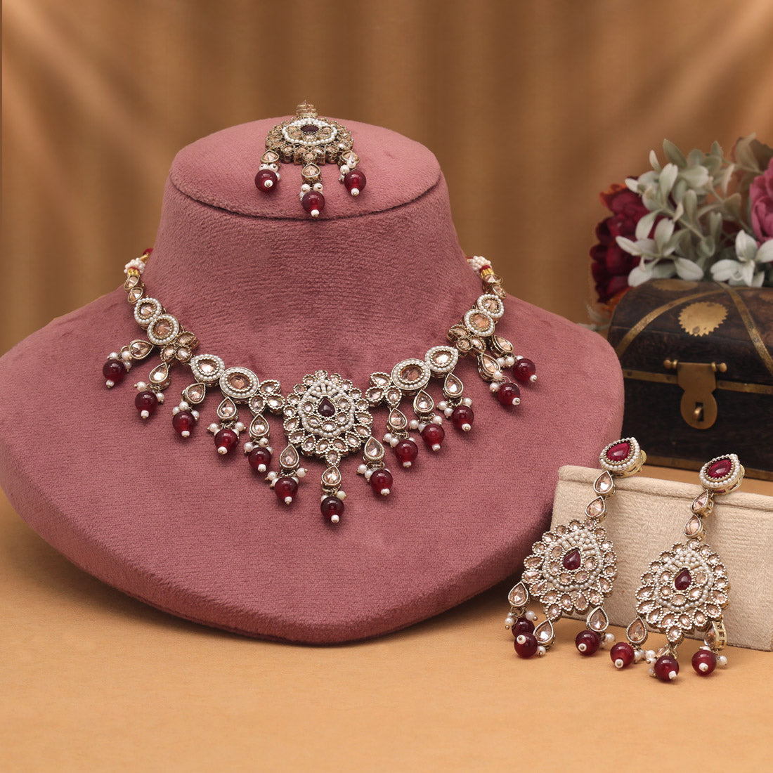 Royal Maroon Color American Diamond Necklaces Set For Ethnic Wardrobe Styling