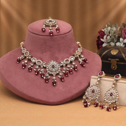 Royal Maroon Color American Diamond Necklaces Set For Ethnic Wardrobe Styling