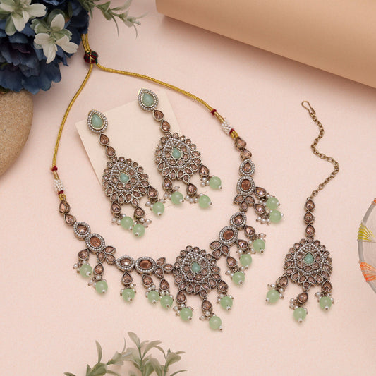 Designer Pista Green Color American Diamond Necklaces Set With Delicate Crafting