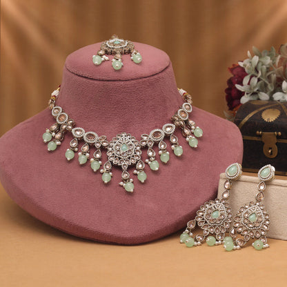 Designer Pista Green Color American Diamond Necklaces Set With Delicate Crafting