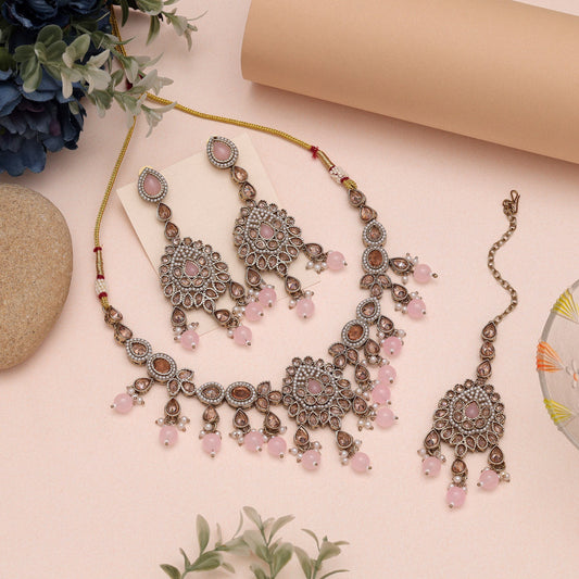 Chic Pink Color American Diamond Necklaces Set With Modern Design Aesthetics