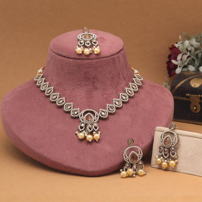 Golden Glow American Diamond Necklaces Set In Gold Color With Stone Detailing