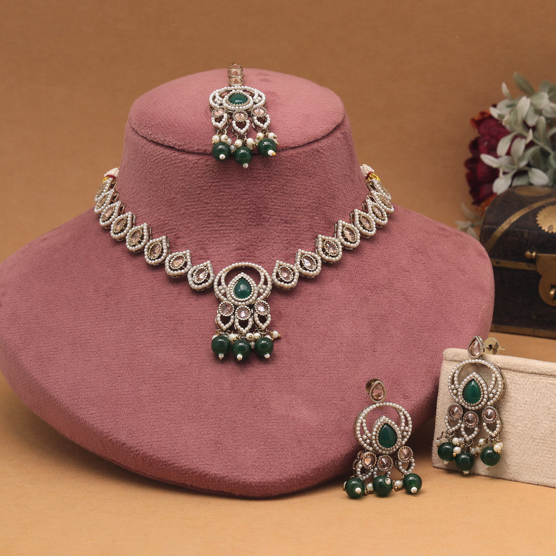 Versatile Green Color American Diamond Necklaces Set For Multiple Occasions