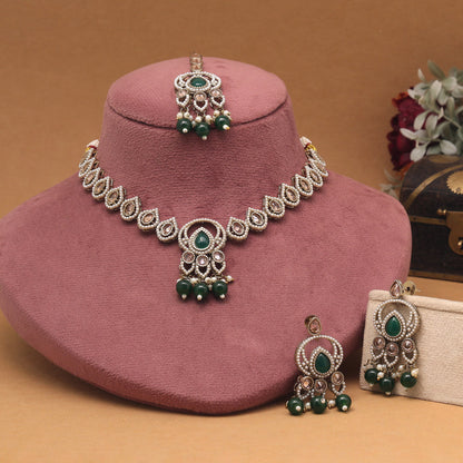Versatile Green Color American Diamond Necklaces Set For Multiple Occasions