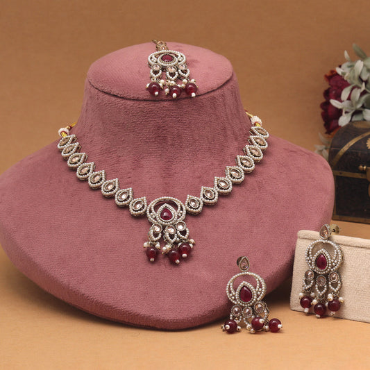 Sophisticated Maroon Color American Diamond Necklaces Set For Grand Events