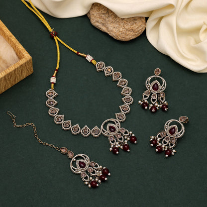 Sophisticated Maroon Color American Diamond Necklaces Set For Grand Events