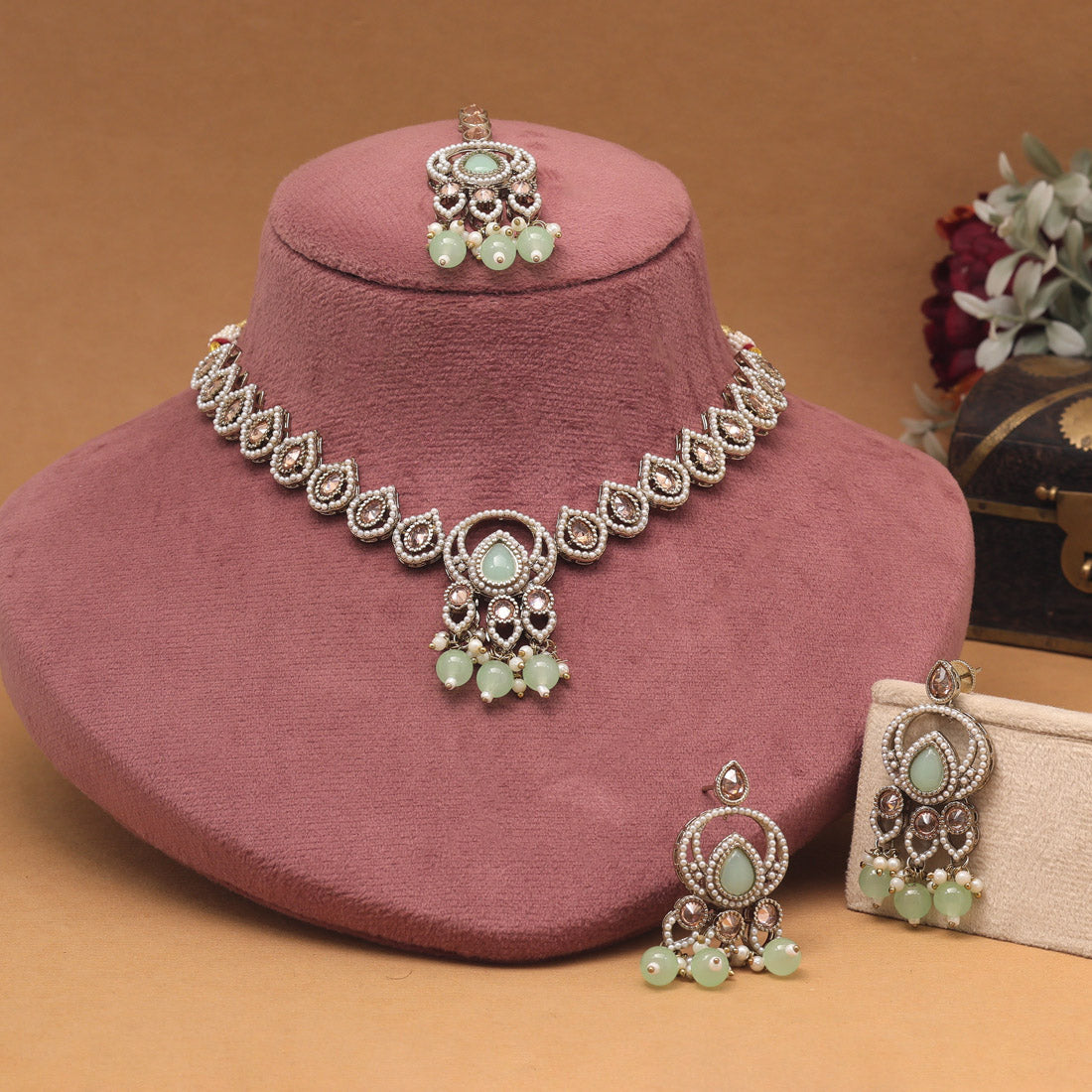 Festive Pista Green Color American Diamond Necklaces Set With Sparkling Touch