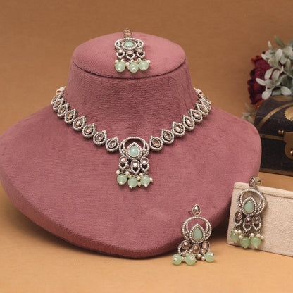 Festive Pista Green Color American Diamond Necklaces Set With Sparkling Touch
