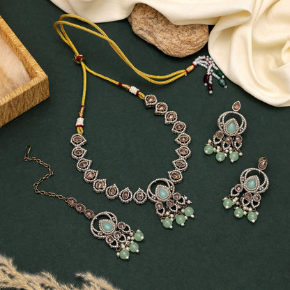 Festive Pista Green Color American Diamond Necklaces Set With Sparkling Touch