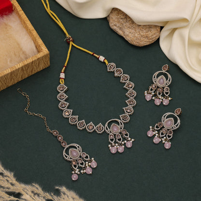 Graceful Pink Color American Diamond Necklaces Set With A Unique Pattern