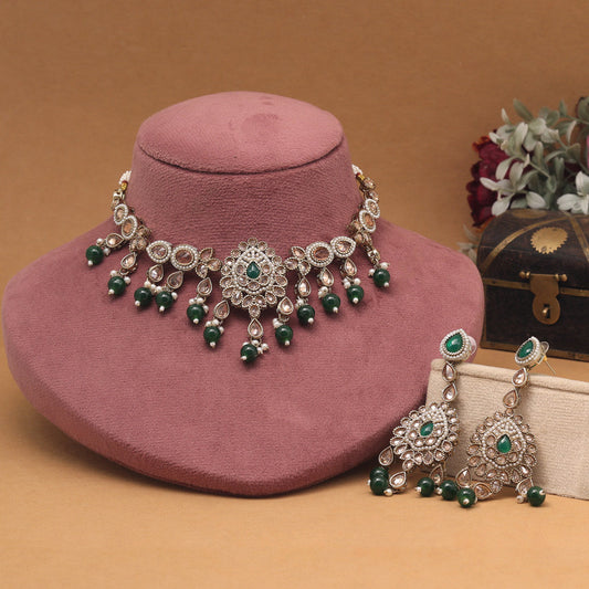 Charming Green Color American Diamond Necklaces Set With Sleek Jewelry Finish