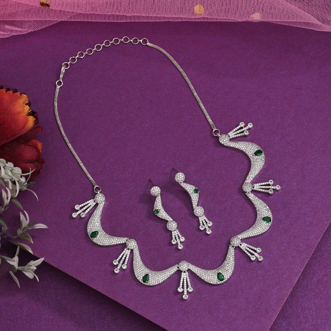 Green Color American Diamond Necklace Set (CZN901GRN)