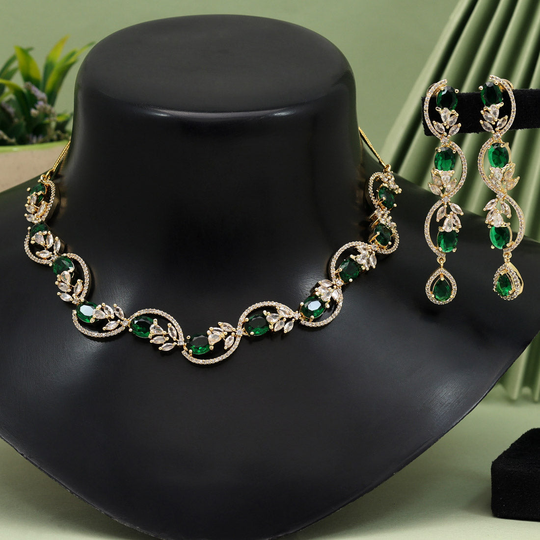 Green Color American Diamond Necklace Set (CZN919GRN)
