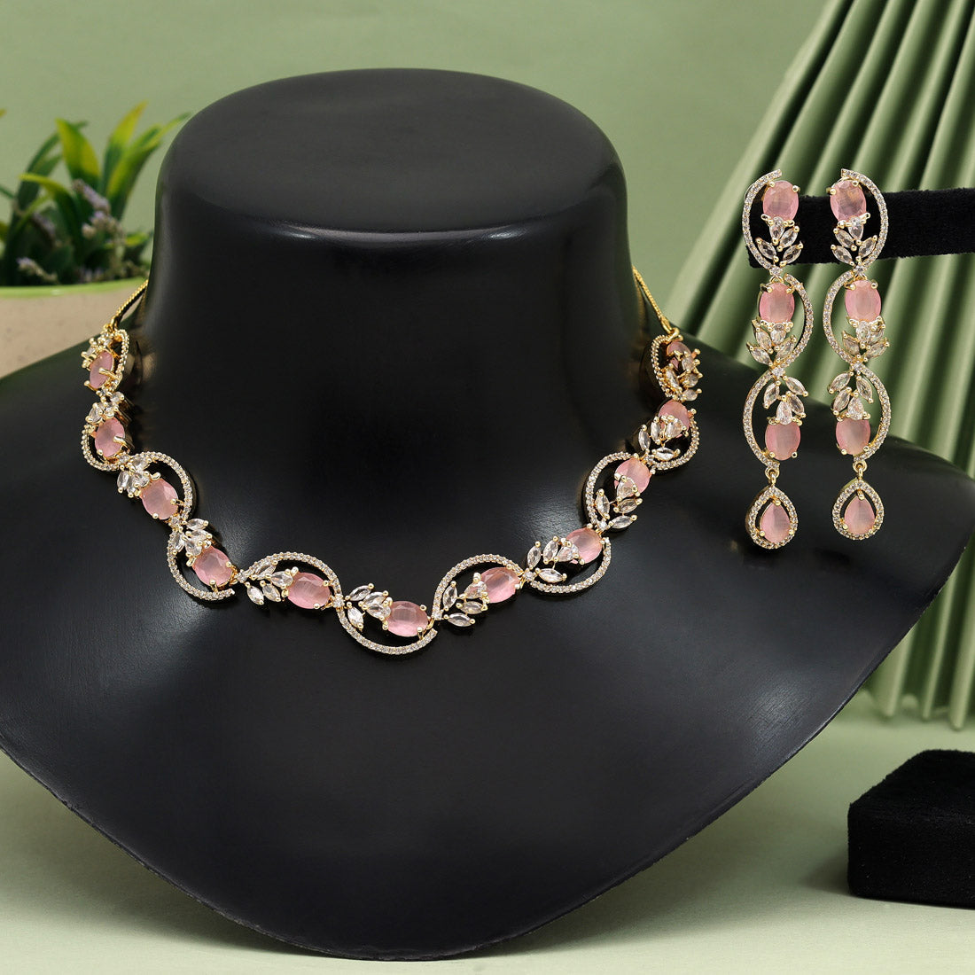 Pink Color American Diamond Necklace Set (CZN919PNK)