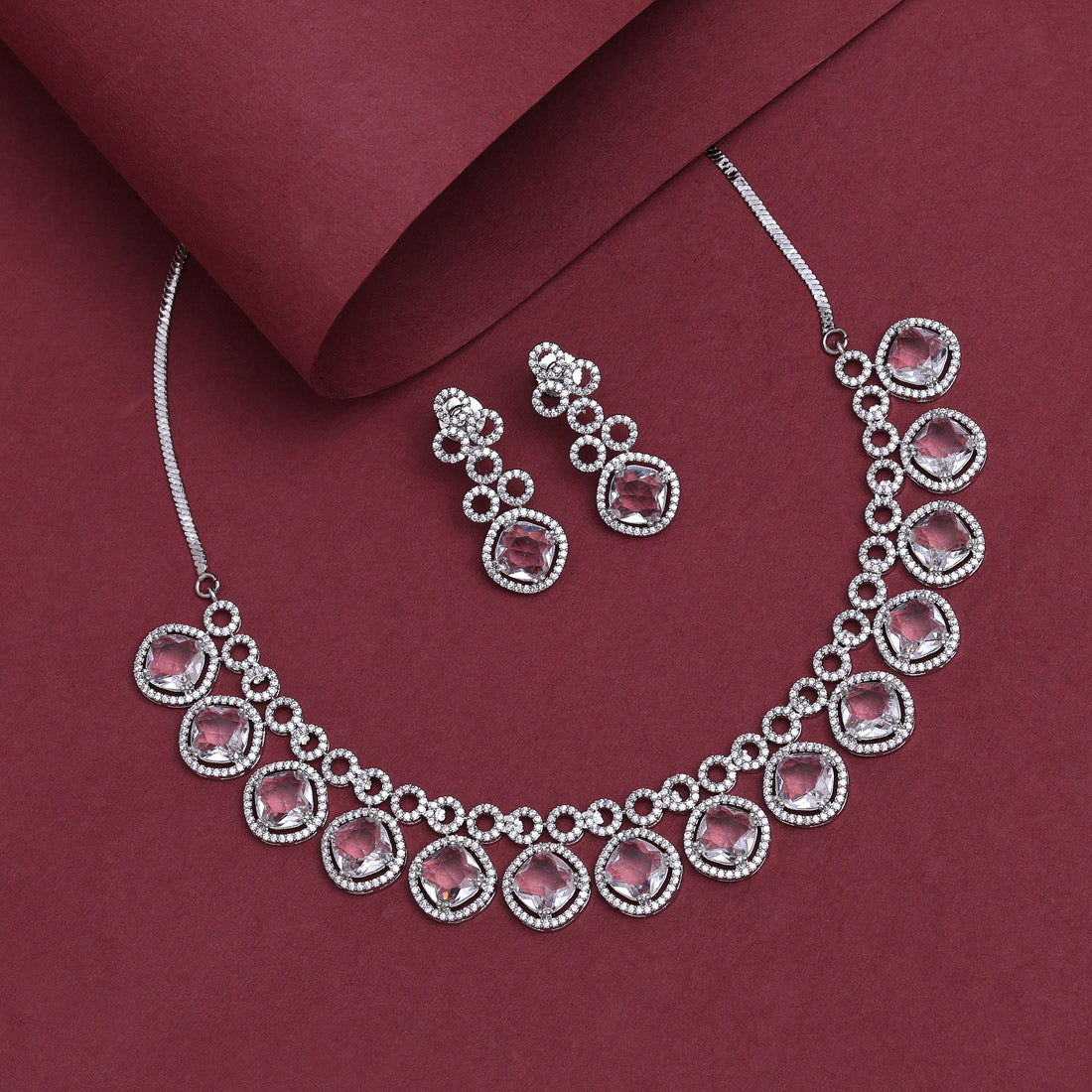 Silver Color American Diamond Necklace Set (CZN935SLV)