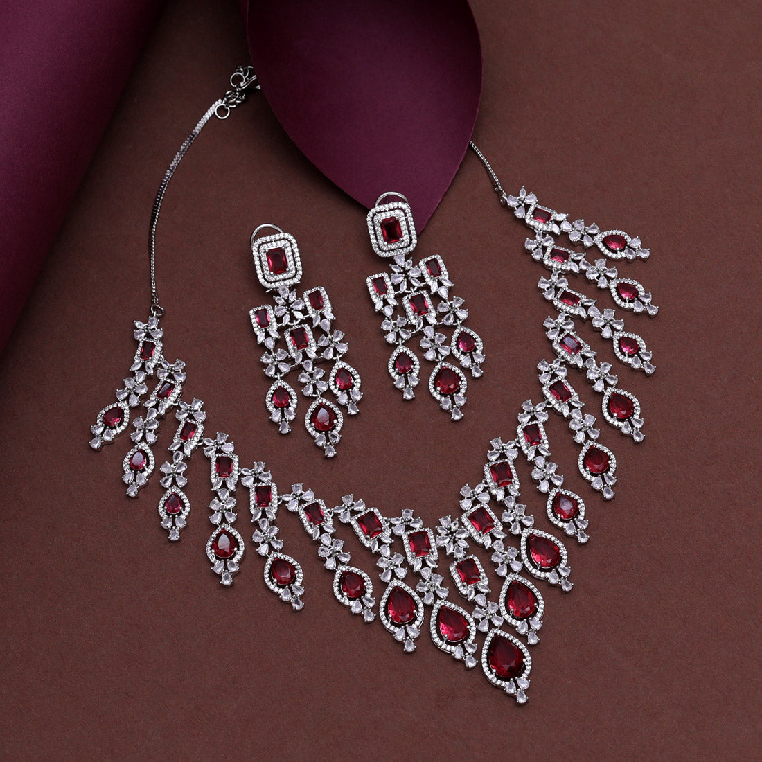 Ruby Color American Diamond Necklace Set (CZN936RUBY)