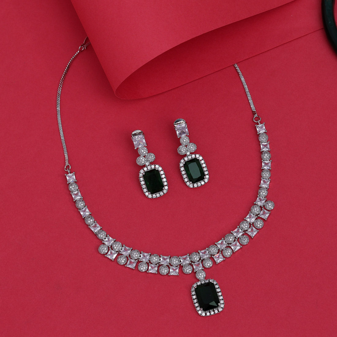 Green Color American Diamond Necklace Set (CZN937GRN)