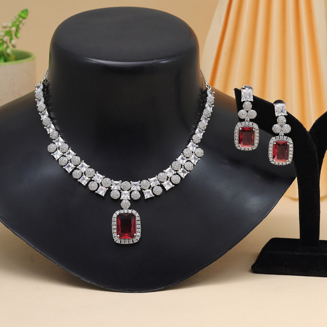 Ruby Color American Diamond Necklace Set (CZN937RUBY)